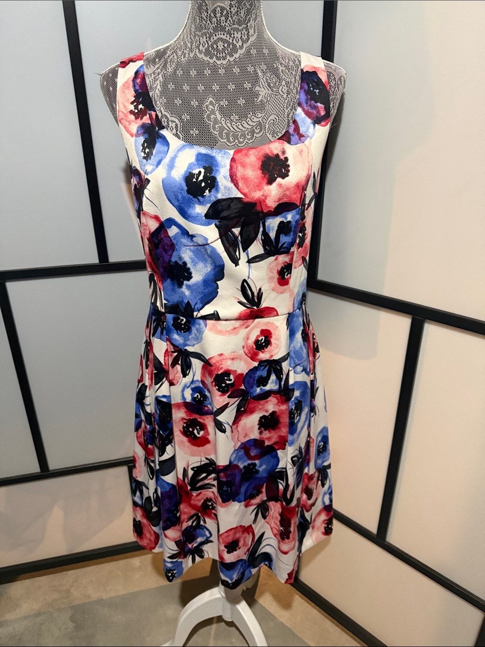 Sleeveless Floral Mini Dress in White with Blue and Pink Print